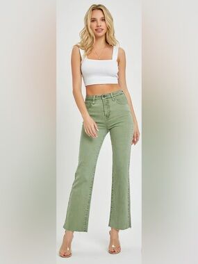 Risen- High-Rise Olive Raw Hem Flare Jeans size 7/28